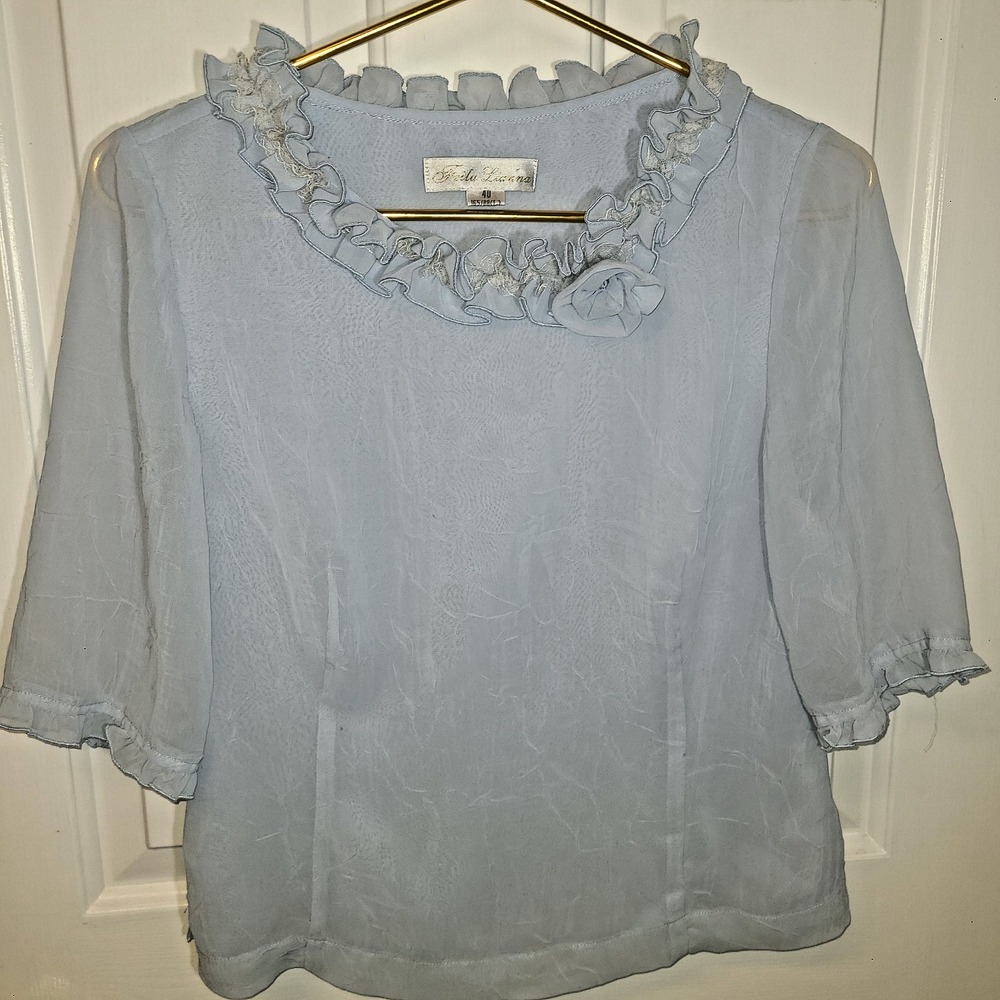 Vtg Italy Feilu Lianna Scoop Neck Top Ruffle Short Sleeve Sheer Baby Blue Small